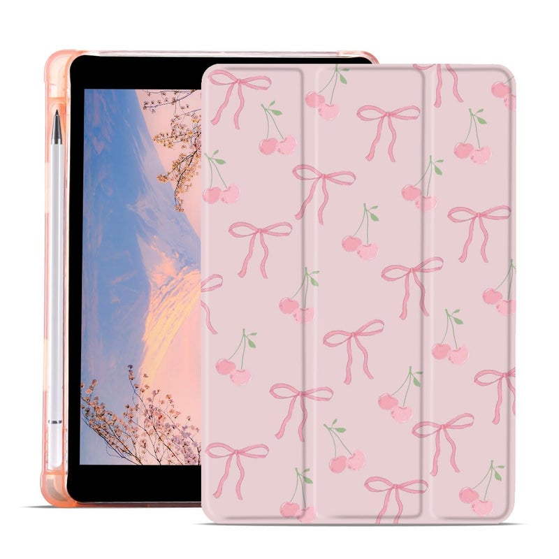 JOYLAND Cute Cherry Bowknot Case for iPad 9th/7th/8th Generation (2021/2020/2019) 10.2 Inch with Pencil Holder Lovely Bow Preppy Pink Girly Cover Auto Wake/Sleep Foldable Shockproof Case - Image 1