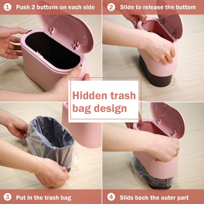 Business King Mini Desk Trash Can with Lid with 90 Pcs Trash Bag, Lint Bin 0.5 Gallon Countertop Waste Bin for Table Tiny Garbage Can for Office Bedroom (Pink) - Image 4