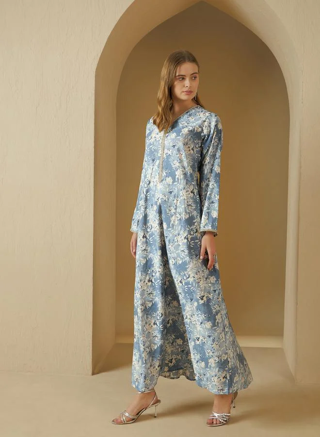 ستايلي All Over Floral Print V Neck Jalabiya with Lace Trim