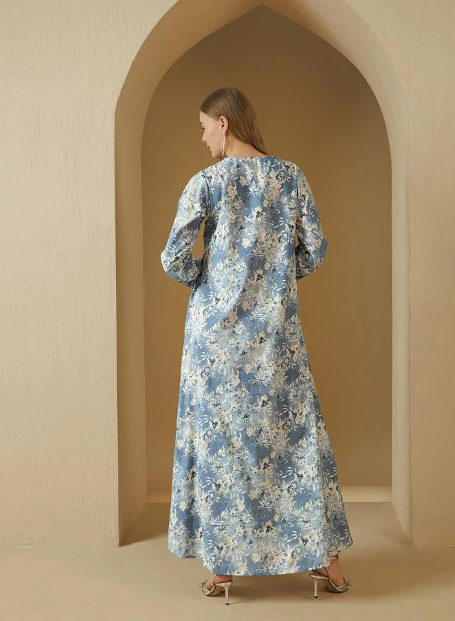 ستايلي All Over Floral Print V Neck Jalabiya with Lace Trim