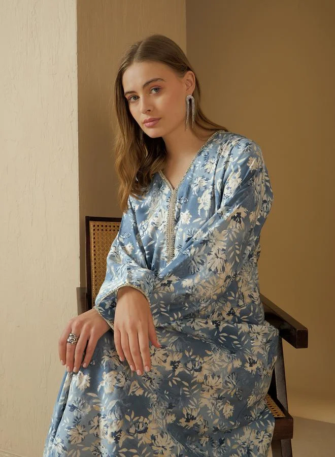 ستايلي All Over Floral Print V Neck Jalabiya with Lace Trim