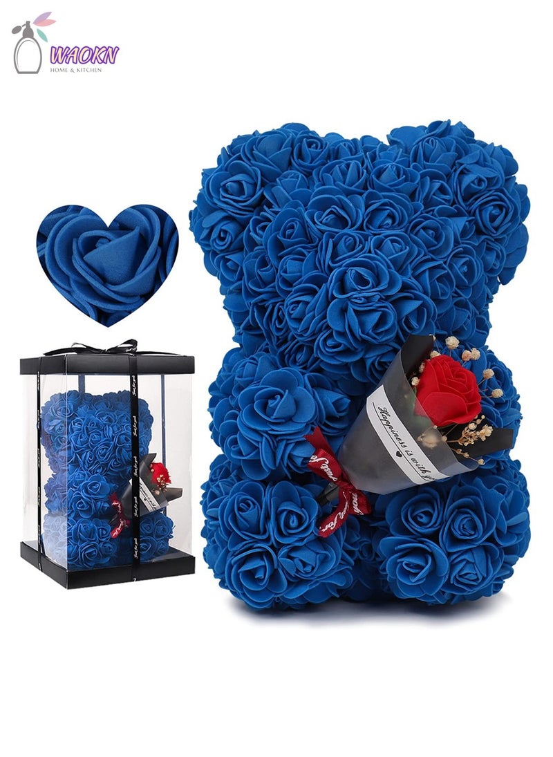 25cm Rose Bear with Transparent Gift Box & Black Ribbon Rose Petals Teddy Bear Presents for Women Artificial Flowers Valentine Gifts High Appearance Level Creative Gift Home Decor Blue