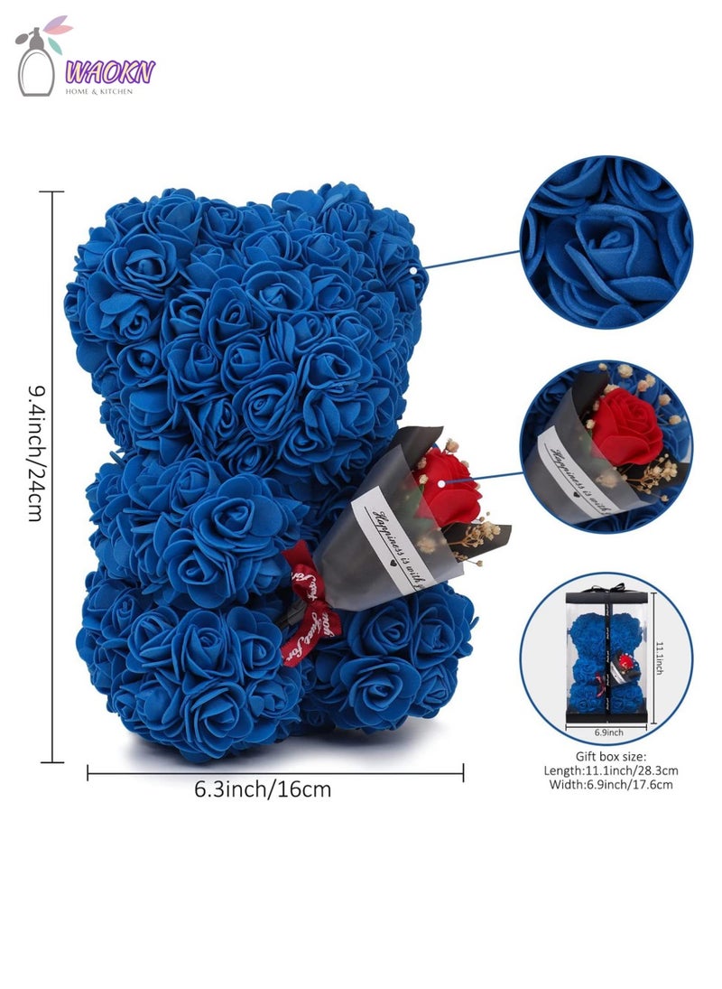 25cm Rose Bear with Transparent Gift Box & Black Ribbon Rose Petals Teddy Bear Presents for Women Artificial Flowers Valentine Gifts High Appearance Level Creative Gift Home Decor Blue
