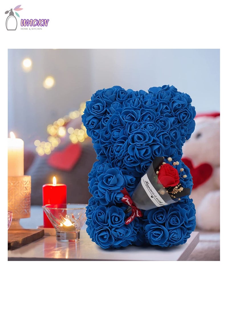 25cm Rose Bear with Transparent Gift Box & Black Ribbon Rose Petals Teddy Bear Presents for Women Artificial Flowers Valentine Gifts High Appearance Level Creative Gift Home Decor Blue