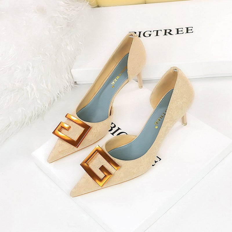 6168-2 Nightclubs Skinny Thin Heel High Heel Shallow Mouth Pointed Side Hollow Square Buckle Single Shoes High Heels - Image 1