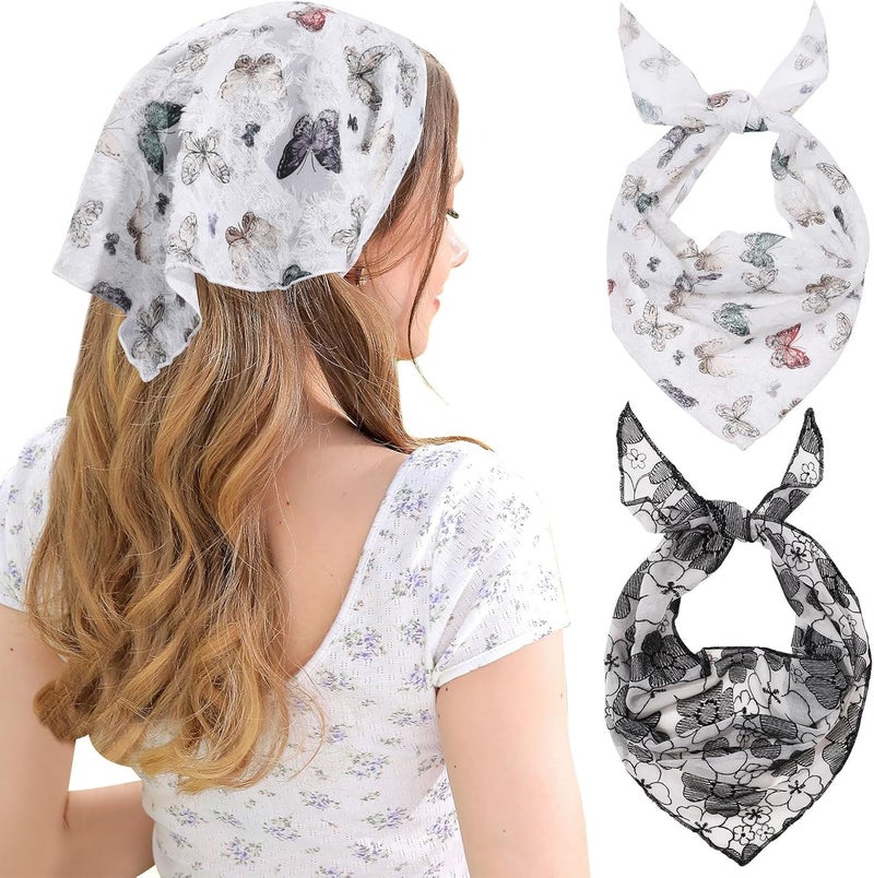2Pcs Floral Hair Bandanas for Women - Lightweight Tie-back Mesh Head Scarf - Image 1