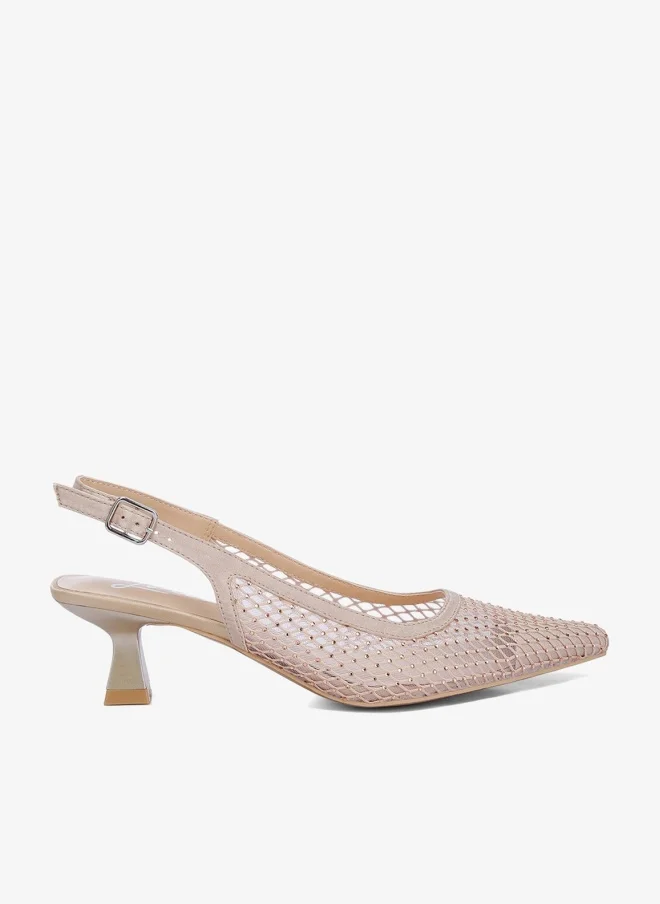 Rhinestone Embellished Slingback Mules in Beige