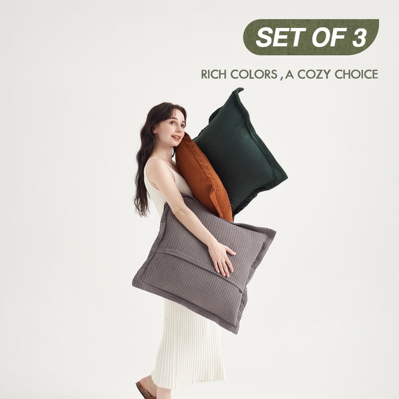 COCO TOP COCO TOP Pack of 3 Vintage Throw Pillow Covers 22x22inch  Textured Corduroy Neutral Soft Pillow Cases with Comfort Colors for Living Room Bedroom Apartment Farmhouse Office(Grey Dark Green & Rust) - Image 2