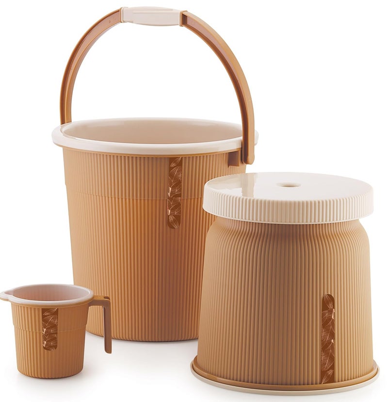 Liza Liza Newton 11Piece Complete Bathroom Essential Set for Home, Kitchen & Bathroom Includes 20L Bucket, 18 L Tub, Big Stool, Dustbin, and More (Pack of 11) Light Brown - Image 2