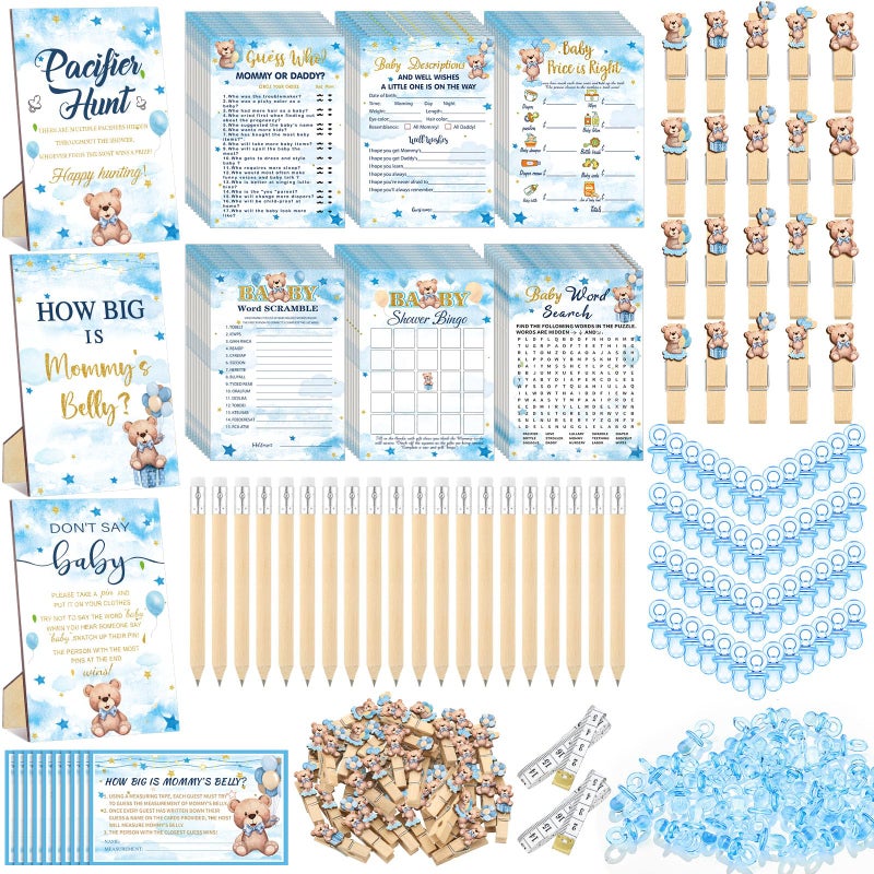 Sherr 476 Pcs Bear Baby Shower Games 6 Sets Activities Cards Pacifier Hunt Game 50 Pacifiers How Big is Mommy's Belly Sign 50 Guessing Cards 2 Measuring Tape Don't Say Baby Sign 50 Clothespin - Image 1