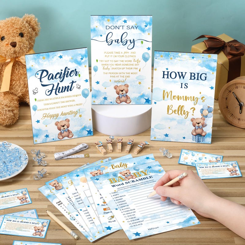 Sherr 476 Pcs Bear Baby Shower Games 6 Sets Activities Cards Pacifier Hunt Game 50 Pacifiers How Big is Mommy's Belly Sign 50 Guessing Cards 2 Measuring Tape Don't Say Baby Sign 50 Clothespin - Image 2
