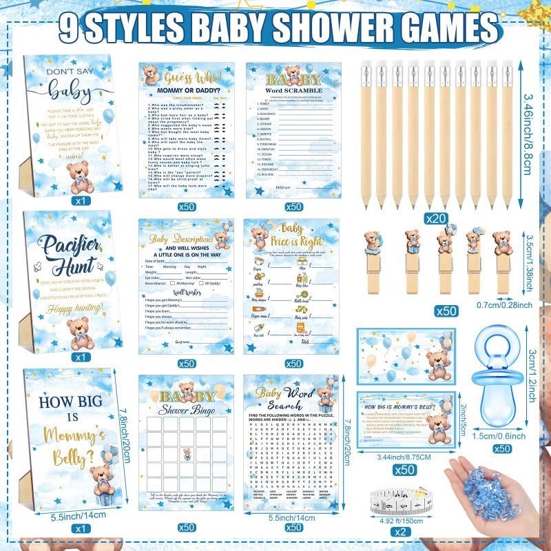 Sherr 476 Pcs Bear Baby Shower Games 6 Sets Activities Cards Pacifier Hunt Game 50 Pacifiers How Big is Mommy's Belly Sign 50 Guessing Cards 2 Measuring Tape Don't Say Baby Sign 50 Clothespin - Image 3