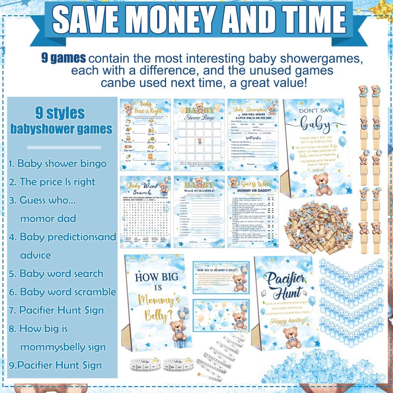 Sherr 476 Pcs Bear Baby Shower Games 6 Sets Activities Cards Pacifier Hunt Game 50 Pacifiers How Big is Mommy's Belly Sign 50 Guessing Cards 2 Measuring Tape Don't Say Baby Sign 50 Clothespin - Image 4