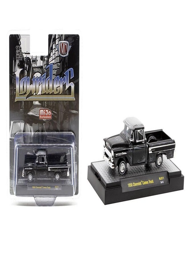 m2 Machines 1958 Chevy Cameo Pickup Truck Black Metallic with Graphics and Gray Top Lowriders Limited Edition to 5500 Pieces Worldwide 1/64 Diecast Model Car by M2 31500-MJS71 - Image 1