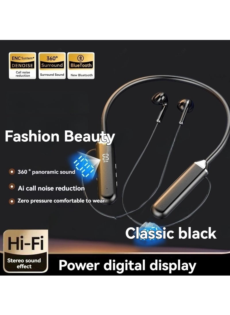 Generic New digital display hanging neck wireless bluetooth headset digital display large capacity ultra long battery life bluetooth sports headset black  - Image 1