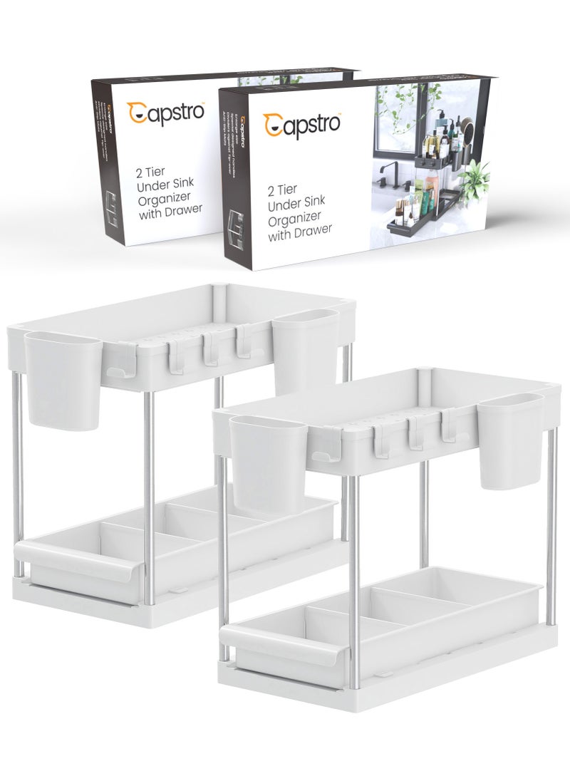 2 Tier Under Sink Organizer with Drawer: Multi-Purpose Storage Solution with Specially designed Handle, Anti-Slip Mats, Additional 4 Hooks, 2 Cups, and Enlarged Size - Ceramic White, Pack of 2