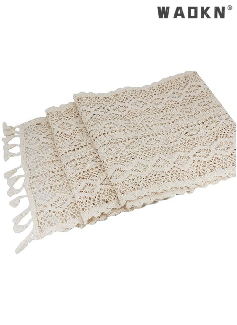 WAOKN Elegant Beige Table Runner - Vintage Farmhouse Inspired Bohemian Crochet & Macrame Blend, Perfect for Wedding, Party, Coffee, or Dining Table Decorations, Measuring a Spacious 24x180 CM in Length, Adding a Rustic Charm to Any Gathering  - Image 1