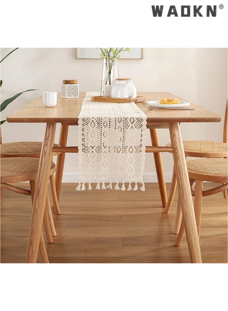 Elegant Beige Table Runner - Vintage Farmhouse Inspired Bohemian Crochet & Macrame Blend, Perfect for Wedding, Party, Coffee, or Dining Table Decorations, Measuring a Spacious 24x140 CM in Length, Adding a Rustic Charm to Any Gathering