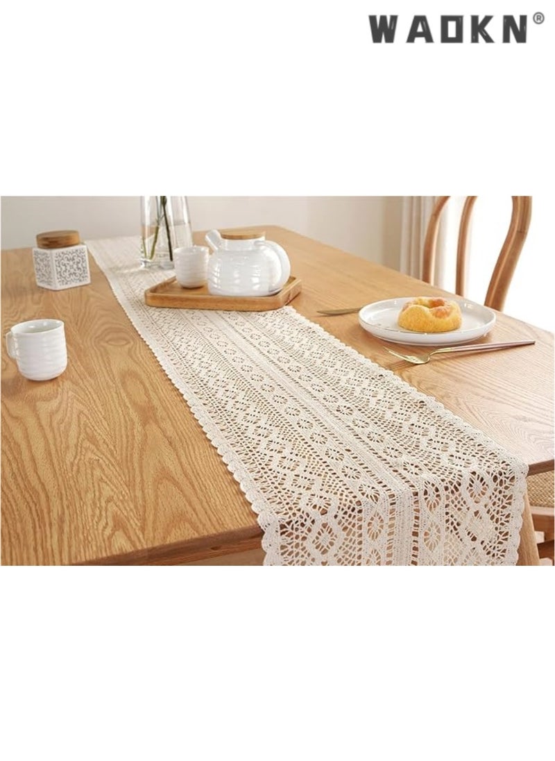 WAOKN Elegant Beige Table Runner - Vintage Farmhouse Inspired Bohemian Crochet & Macrame Blend, Perfect for Wedding, Party, Coffee, or Dining Table Decorations, Measuring a Spacious 24x180 CM in Length, Adding a Rustic Charm to Any Gathering  - Image 5