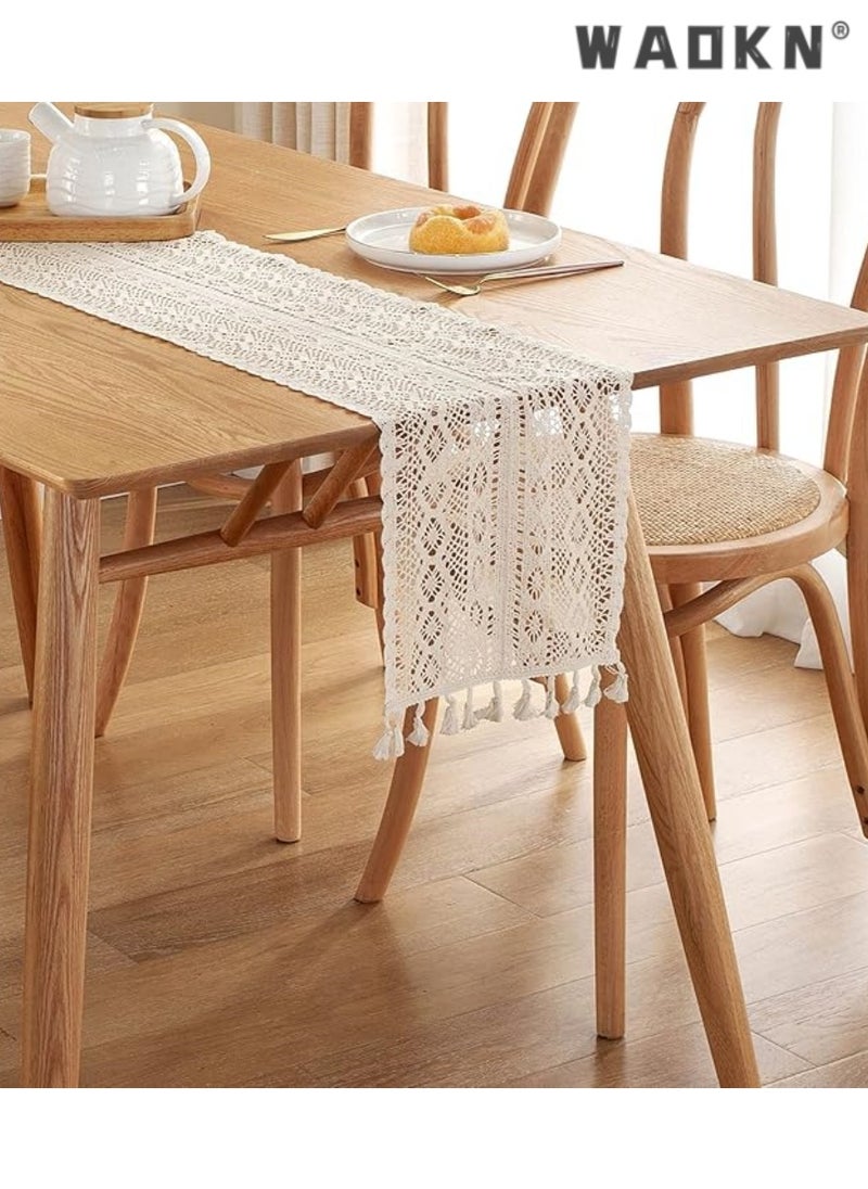 WAOKN Elegant Beige Table Runner - Vintage Farmhouse Inspired Bohemian Crochet & Macrame Blend, Perfect for Wedding, Party, Coffee, or Dining Table Decorations, Measuring a Spacious 24x180 CM in Length, Adding a Rustic Charm to Any Gathering  - Image 4