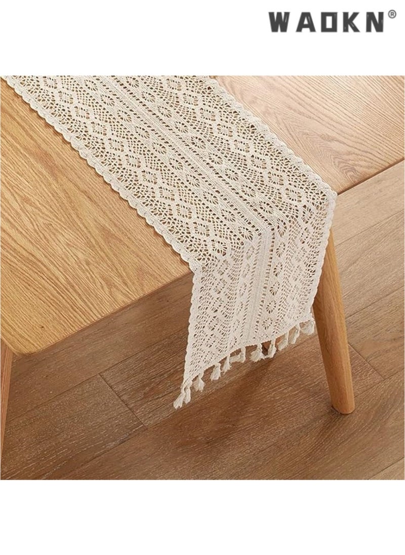 WAOKN Elegant Beige Table Runner - Vintage Farmhouse Inspired Bohemian Crochet & Macrame Blend, Perfect for Wedding, Party, Coffee, or Dining Table Decorations, Measuring a Spacious 24x180 CM in Length, Adding a Rustic Charm to Any Gathering  - Image 2