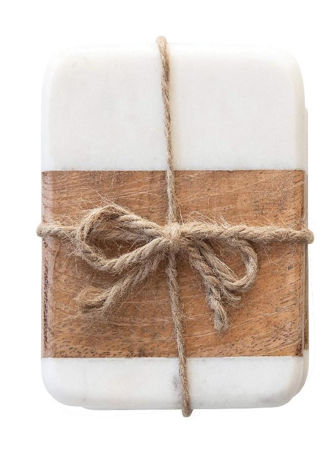 Creative Co-op Creative Co-Op Marble & Acacia Wood, White & Natural, Set of 4 Coaster, 4"  - Image 1