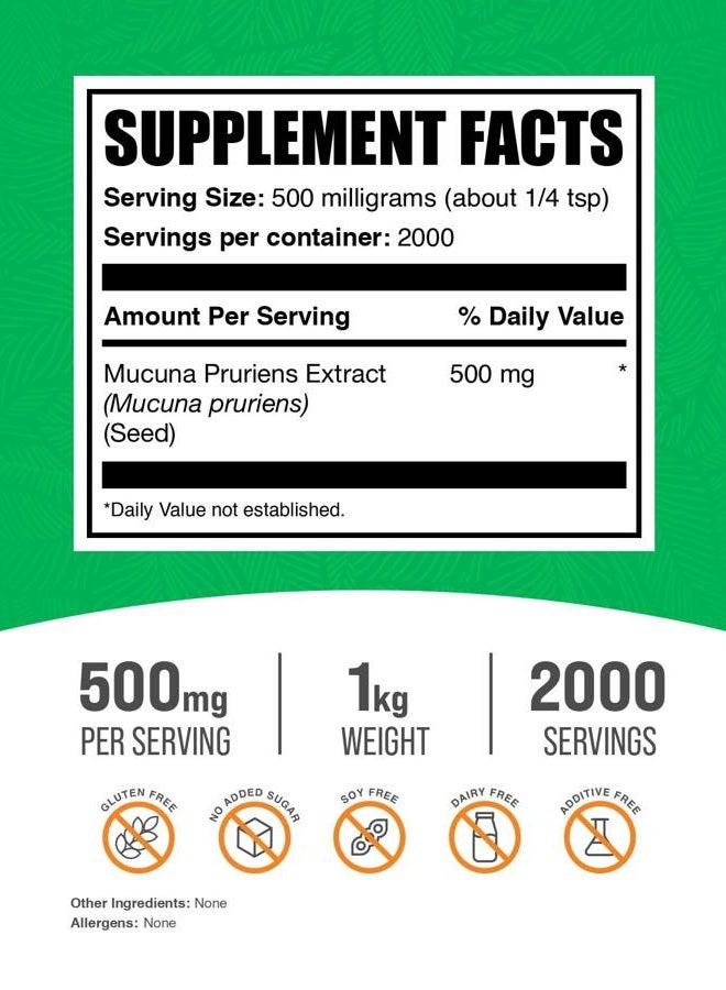 BulkSupplements .com Mucuna Pruriens Extract Powder - Mucuna Pruriens Supplements, Mucuna Pruriens Powder - Vegan & Gluten Free, 500mg per Serving, 1kg (2.2 lbs) (Pack of 1) - Image 2