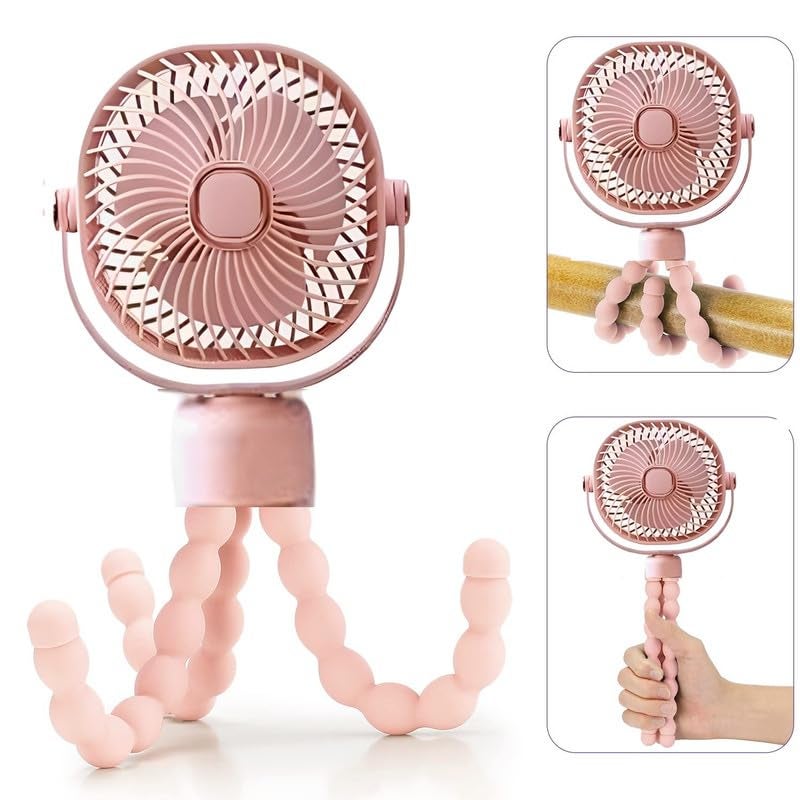 Desidiya® Mini Rechargeable Stroller Fan - Battery Operated, Tripod Stand, Pink - Image 2