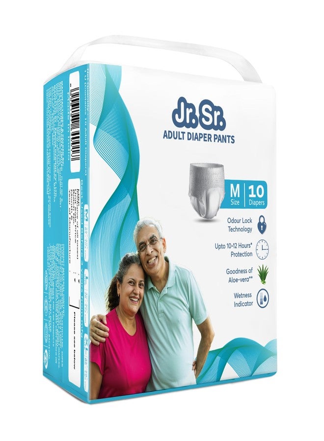 Jr. Sr. Adult Diaper Pants Style | Medium (M) Size 10 Counts | Waist 24"-40" (61-102cm)| Upto 12 hr Absorption Protection | Unisex with Wetness Indicator | Odour Control & Goodness of Aloe Vera - Image 1