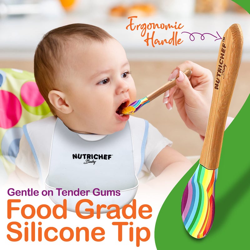 Nutrichef Baby and Toddler, 3 compartment plate, bowl, and spoon feeding set- silicon suction, Non-toxic all natural Bamboo baby food plate with silicon bib - Image 5