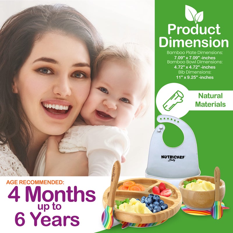 Nutrichef Baby and Toddler, 3 compartment plate, bowl, and spoon feeding set- silicon suction, Non-toxic all natural Bamboo baby food plate with silicon bib - Image 3