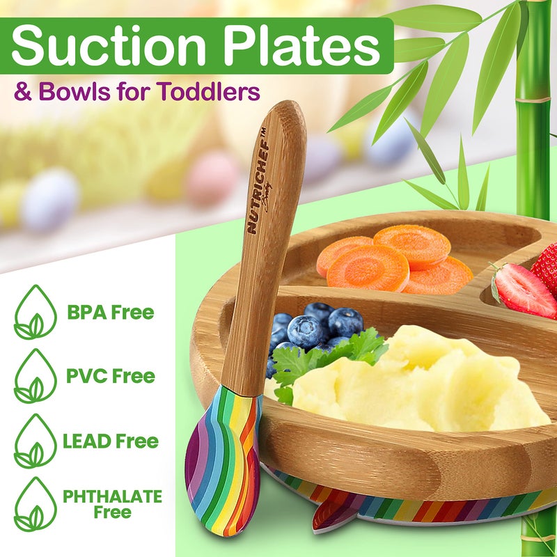 Nutrichef Baby and Toddler, 3 compartment plate, bowl, and spoon feeding set- silicon suction, Non-toxic all natural Bamboo baby food plate with silicon bib - Image 4