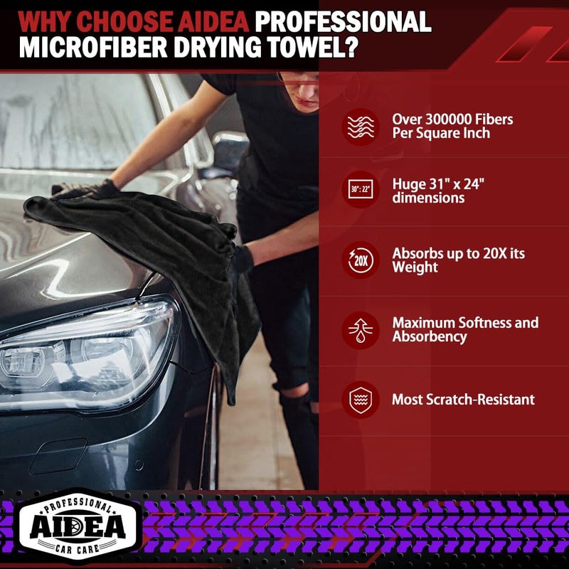 AIDEA Microfiber Towels for Cars-2PK, Large Professional Car Drying Towel, Scratch-Free & Absorbent Drying Towel for Cars, SUVs, RVs, Trucks, and Boats, 24inx 31in, Black - Image 2
