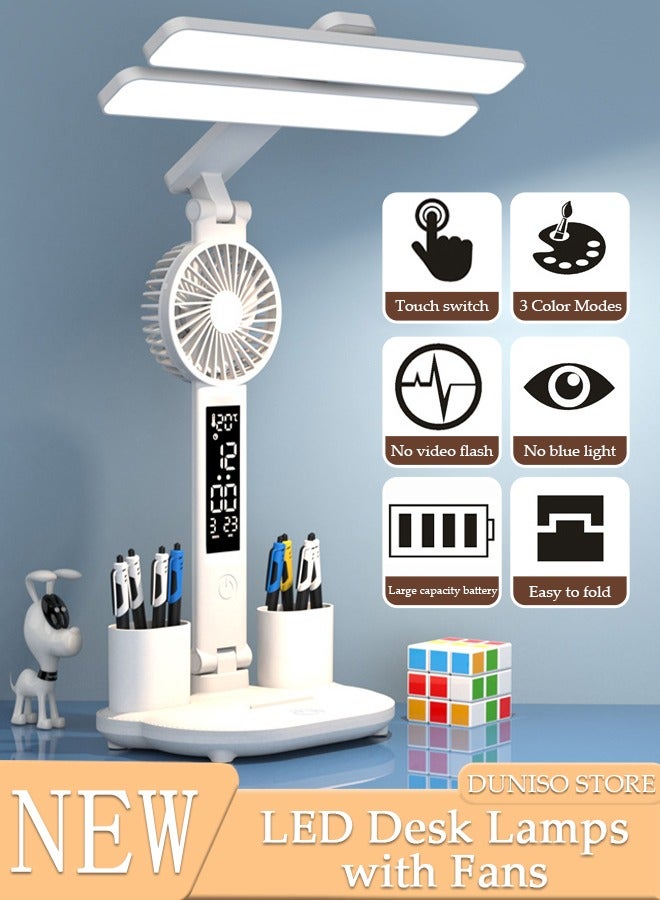 DUNISO Desk lamp, LED Desk Lamps with Fans, USB Charging Port, Adjustable Foldable Table Lamp with Clock, Date, Fan, Pen Holder, Temperature, Step-Less dimming Lighting, Home Office Desk Lamp  - Image 1
