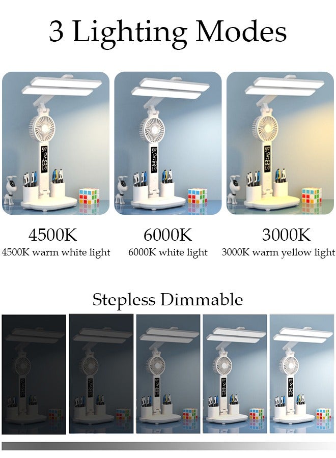 DUNISO Desk lamp, LED Desk Lamps with Fans, USB Charging Port, Adjustable Foldable Table Lamp with Clock, Date, Fan, Pen Holder, Temperature, Step-Less dimming Lighting, Home Office Desk Lamp  - Image 3