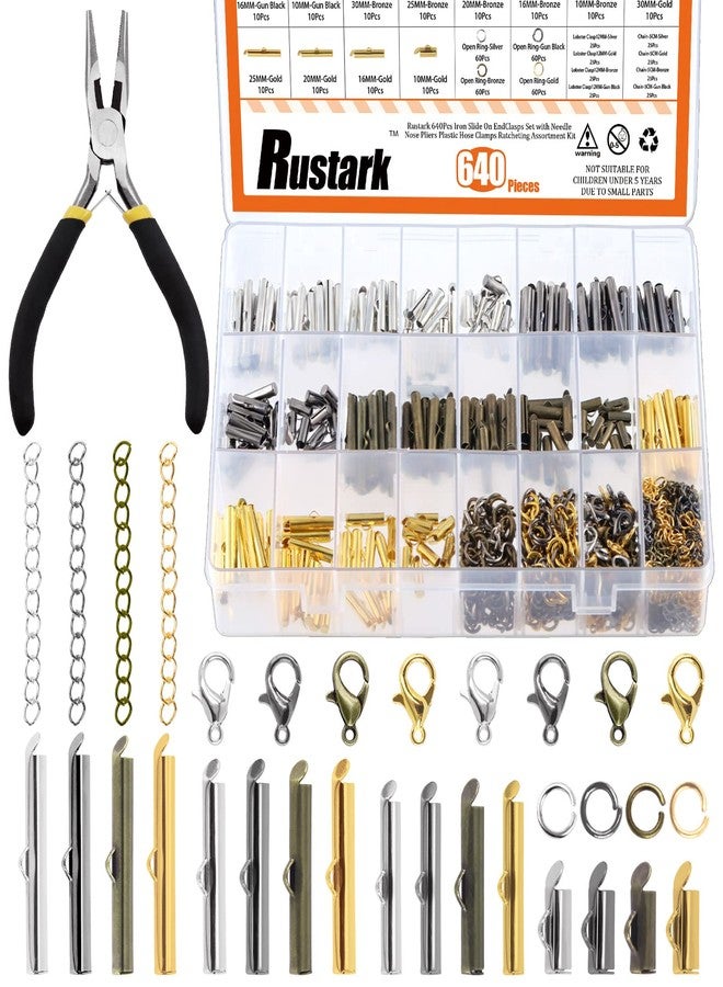 Rustark 641Pcs Slide On End Clasps with Pliers Twist Extender Chains Jump Rings Lobster Claw Clasps Slide Tube Clasp End Bar Jewelry Finding for Necklace Bracelet DIY Jewelry Making - Image 1