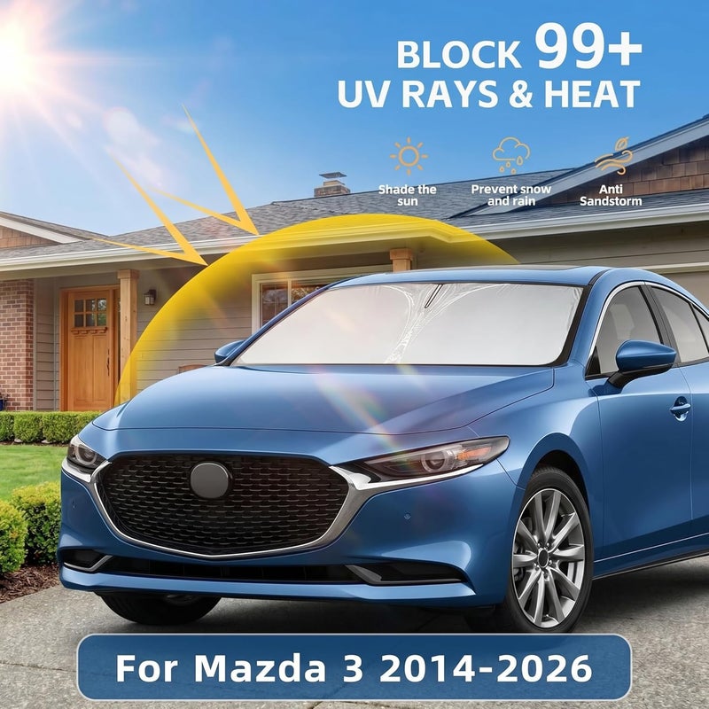 AuyNeas Windshield Sun Shade for Mazda 3 2014-2018 Double Layer 240T Front Window Shade Custom Fit Mazda 3 Sun Visor Foldable Shade Blocks UV Rays Summer Must Have Car Accessories - Image 2