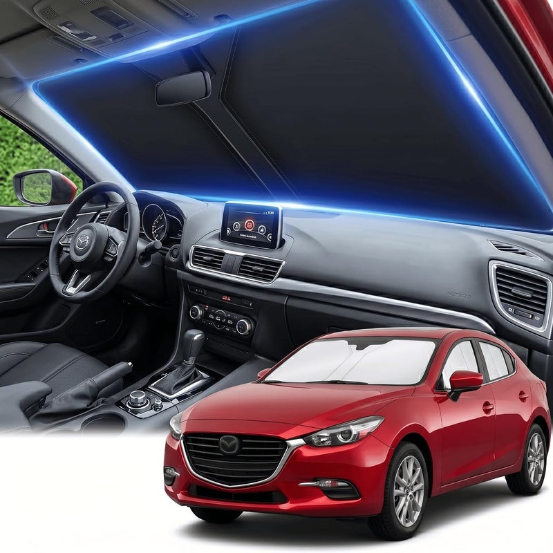 AuyNeas Windshield Sun Shade for Mazda 3 2014-2018 Double Layer 240T Front Window Shade Custom Fit Mazda 3 Sun Visor Foldable Shade Blocks UV Rays Summer Must Have Car Accessories - Image 1