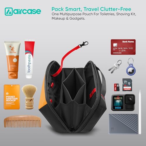 AirCase Multipurpose Toiletry Bag Pouch for Men & Women,Travel Organizer Pouch for Shaving & Makeup Kit, Cosmetic Accessories & Gadgets|10 Compartments,Premium 1680D Polyester, Water-Resistant(Yellow) - Image 2