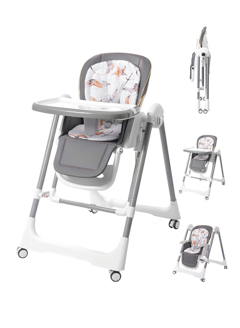 AL-WAHA AL-ZHABIA Baby High Chair | 5-Level Adjustable Foldable High Chair with Wheels & Double Trays | 4-Position Reclining Seat & 3-Stage Footrest | Safe Feeding Chair for Infants 6M-3 Years - Image 1