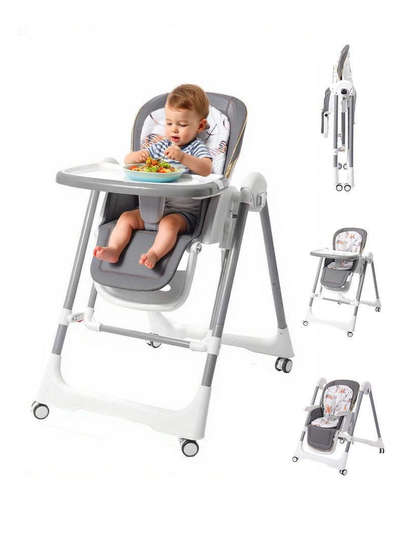 AL-WAHA AL-ZHABIA Baby High Chair | 5-Level Adjustable Foldable High Chair with Wheels & Double Trays | 4-Position Reclining Seat & 3-Stage Footrest | Safe Feeding Chair for Infants 6M-3 Years - Image 2