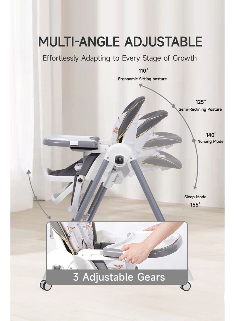 AL-WAHA AL-ZHABIA Baby High Chair | 5-Level Adjustable Foldable High Chair with Wheels & Double Trays | 4-Position Reclining Seat & 3-Stage Footrest | Safe Feeding Chair for Infants 6M-3 Years - Image 3