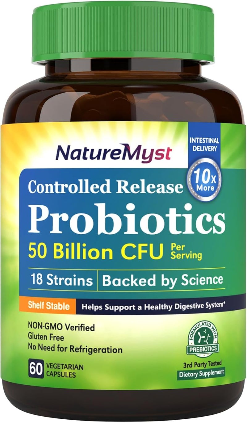 NatureMyst بروبيوتيك 50 مليار لكل حصة 18 سلالة بروبيوتيك 60 كبسولة نباتية خالية من الكائنات المعدلة وراثيًا وخالية من الغلوتين - Image 1