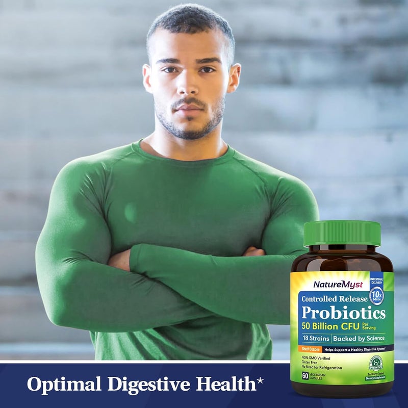 NatureMyst بروبيوتيك 50 مليار لكل حصة 18 سلالة بروبيوتيك 60 كبسولة نباتية خالية من الكائنات المعدلة وراثيًا وخالية من الغلوتين - Image 4