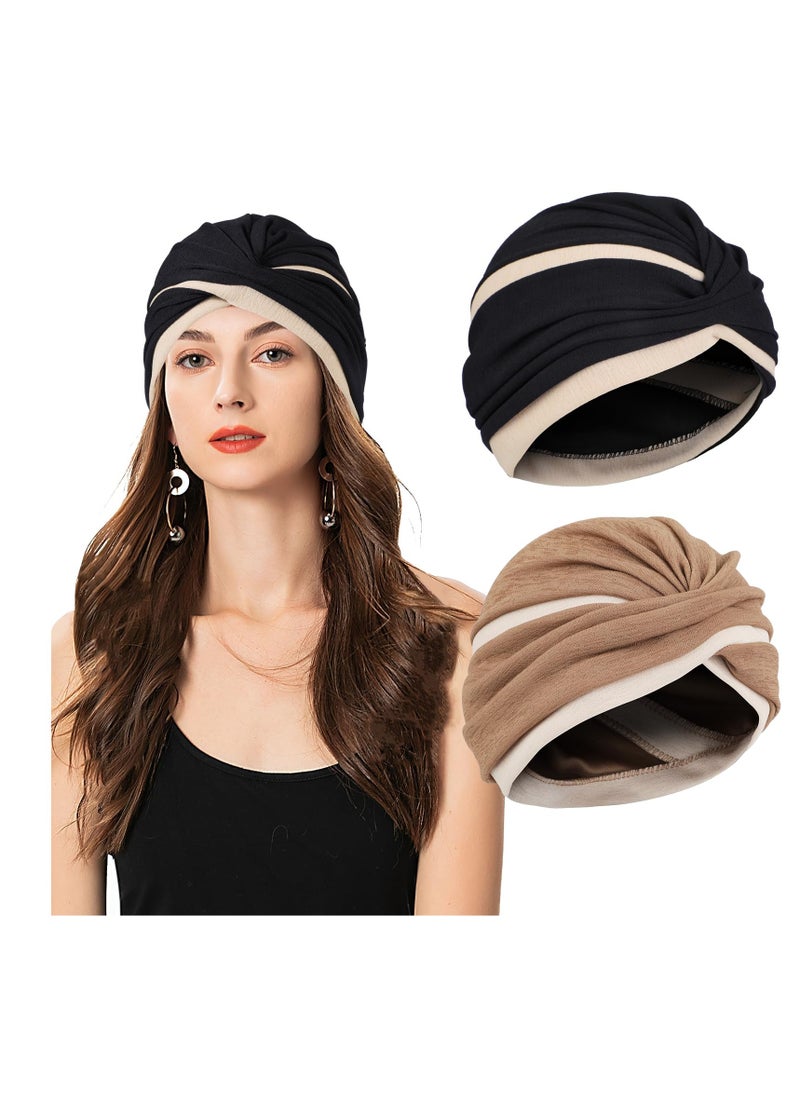 Excefore - Turbans for Women, 2 Pcs Soft Pre Tied Knot Turban Head Wraps, Women Turban Cap Twisted Braid Head Wrap Sleep Hat Headscarf Beanie Hair Loss Cap - Image 1