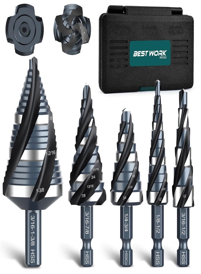 Bestwork Four Spiral Flute Step Drill Bit Set, 1/8"-1-3/8" 5PCS High-Speed Steel Unibit Step Bits with 1/4" and 3/8" Hex Shank for Stainless Steel Metal Aluminum Wood Plastic - Image 1