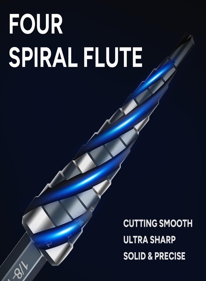 Bestwork Four Spiral Flute Step Drill Bit Set, 1/8"-1-3/8" 5PCS High-Speed Steel Unibit Step Bits with 1/4" and 3/8" Hex Shank for Stainless Steel Metal Aluminum Wood Plastic - Image 2