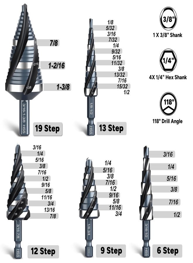Bestwork Four Spiral Flute Step Drill Bit Set, 1/8"-1-3/8" 5PCS High-Speed Steel Unibit Step Bits with 1/4" and 3/8" Hex Shank for Stainless Steel Metal Aluminum Wood Plastic - Image 3