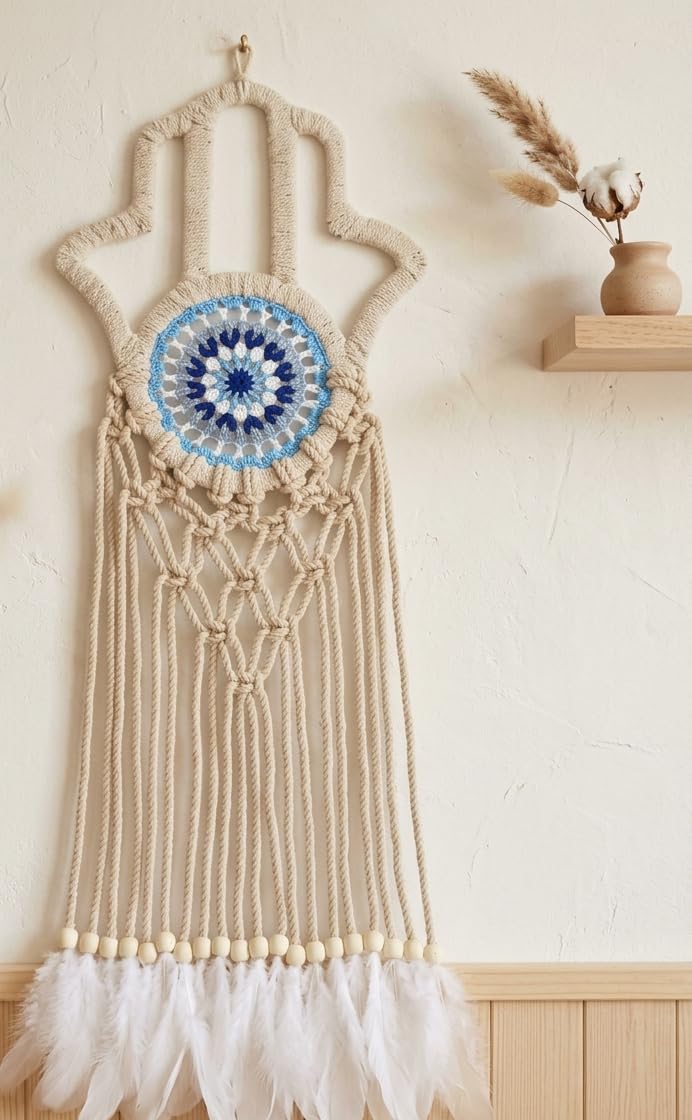 Hamsa Hand Fatima Macrame Dream Catcher Wall Hanging, Boho Macrame with Crochet Mandala, Wooden Beads and Feathers, Handmade Vintage Home Decor,(Hand Fatima, Medium Size) مكرميه هاند ميد,دريم كاتشر
