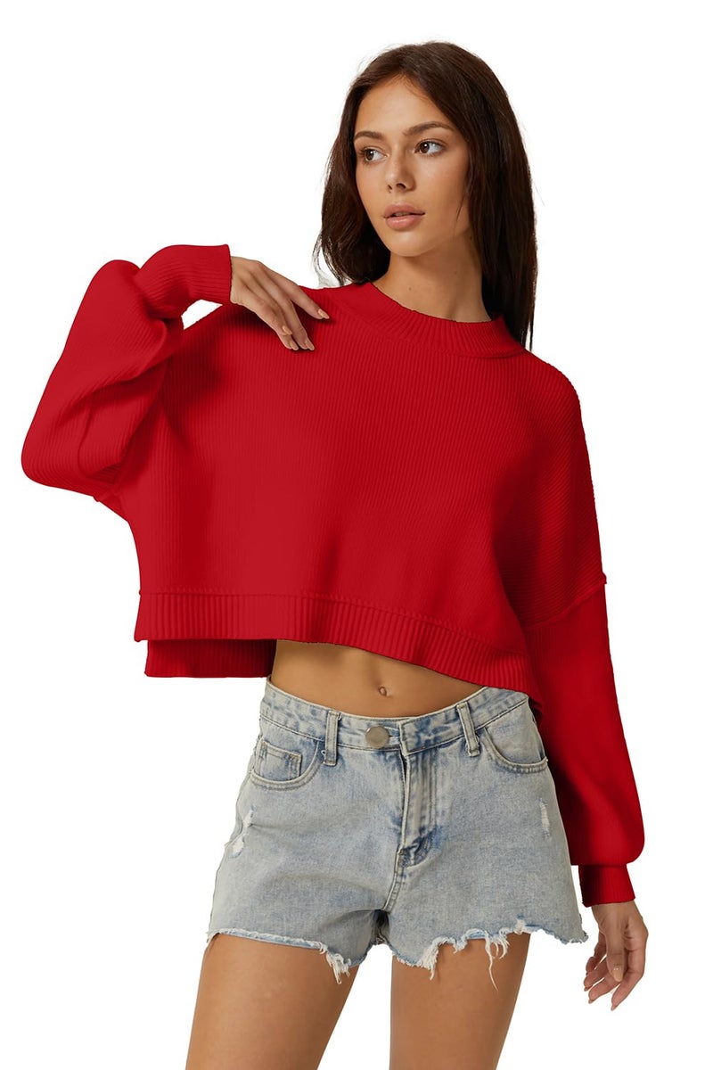 QINSEN Women's Mock Neck Cropped Sweater Long Sleeve Drop Shouler Oversized Knit Pullover Tops Red S - Image 4